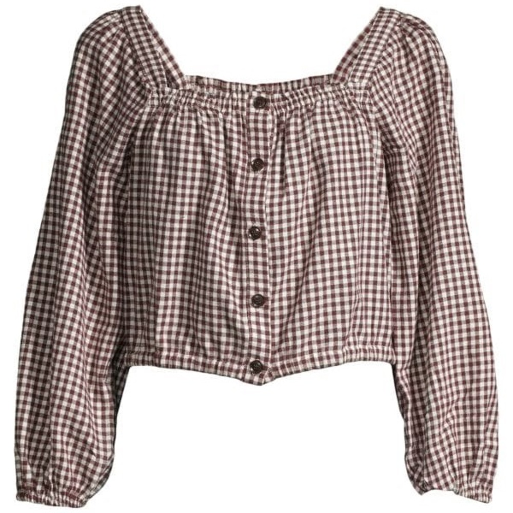 Madewell puff-sleeve button front crop top in white and brown gingham / plaid